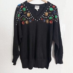 Vintage colorful beaded and sequined black slouchy sweater top size Large